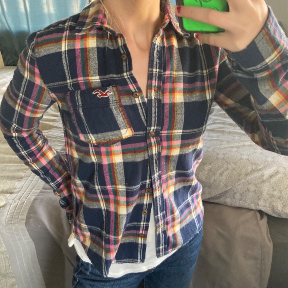 Hollister Navy Blue Long Sleeve Flannel Top Sz XS - Picture 8 of 9